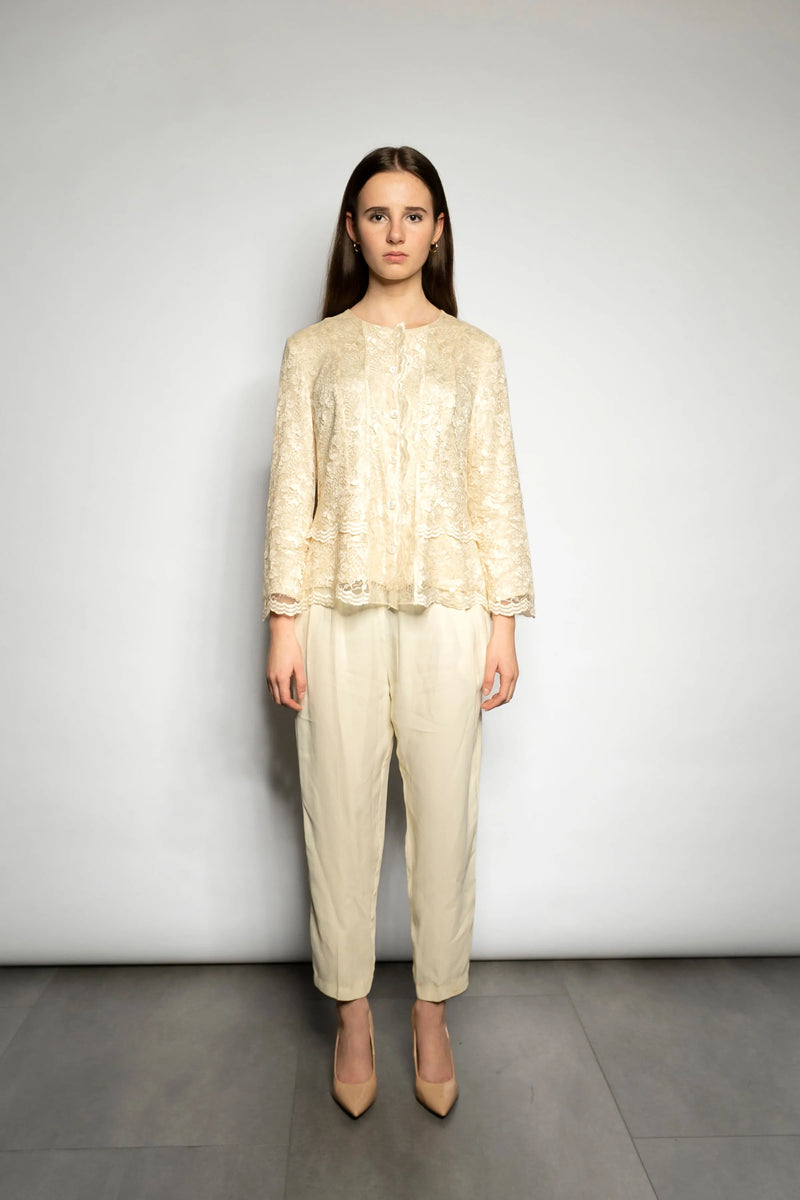 Vintage Cummerbund Trousers, Ivory Crepe