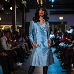 Tailored Metallic Blue Coat with Pink Button Detailing