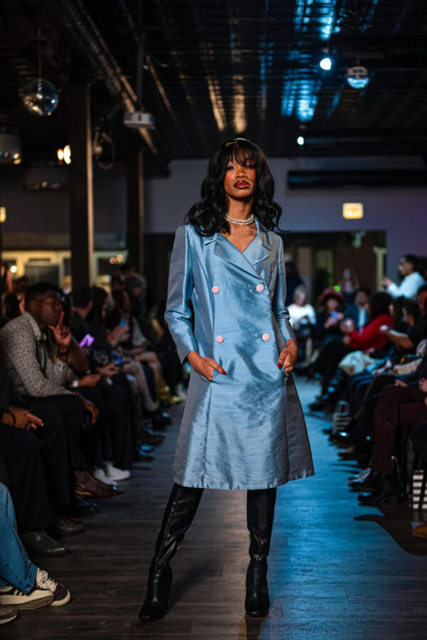 Tailored Metallic Blue Coat with Pink Button Detailing